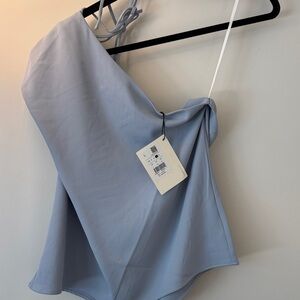 Periwinkle One-Shoulder Bodysuit with Flowy Hem